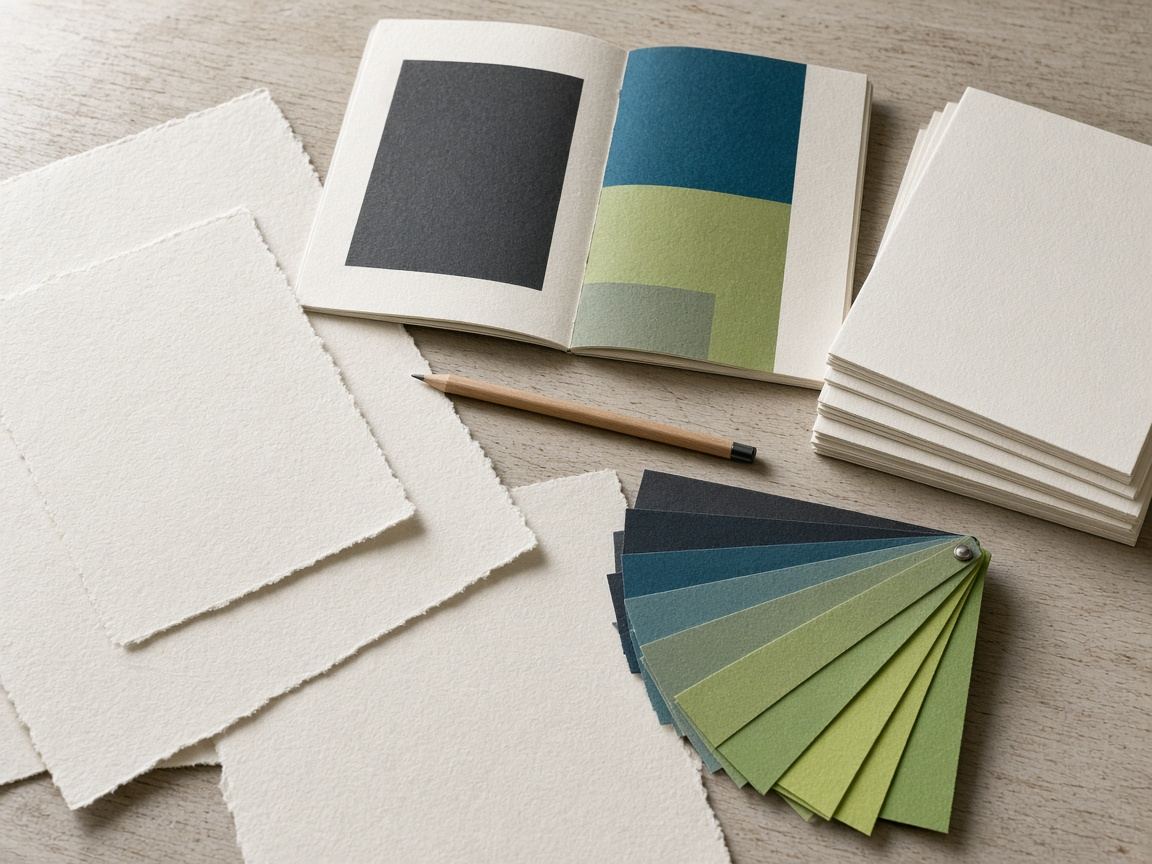 Cahier de couleurs, nuanciers et papiers sur une table de création