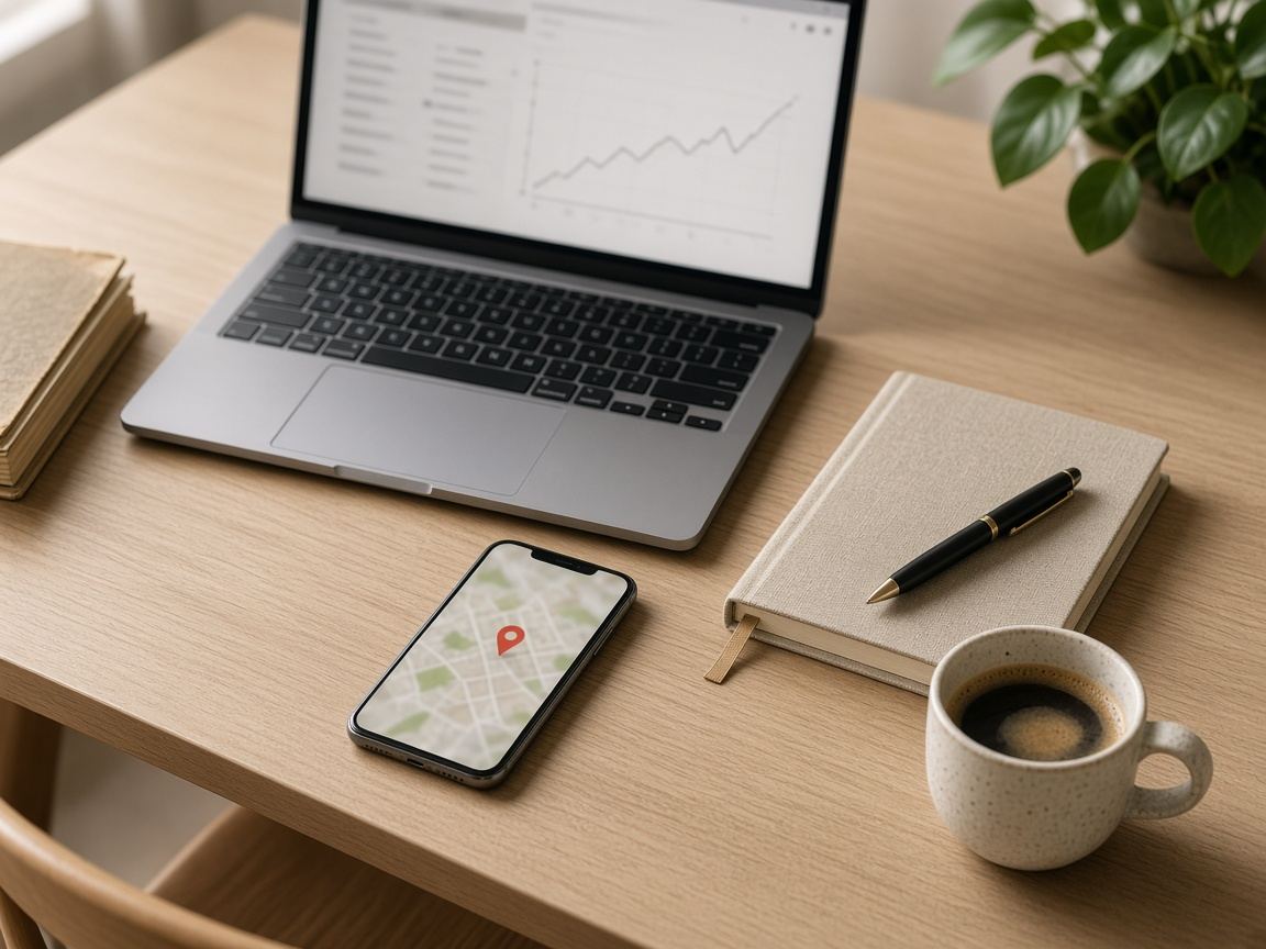 Bureau avec un ordinateur de suivi de recherche et un téléphone affichant une carte