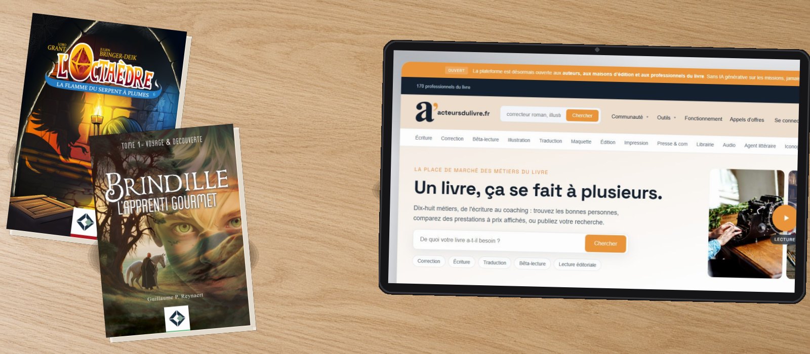Pile des livres Brindille et L'octaèdre, tablette affichant acteursdulivre.fr